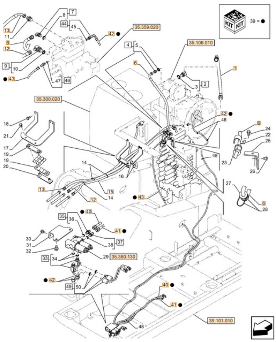 Case CX380D LC installation diagram showing hydraulic hose KHJ2089 at Pipe No. 40