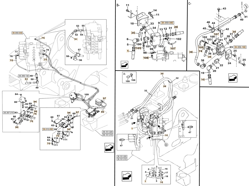 Case CX145C SR installation diagram showing hydraulic hose KHJ2087 at Pipe No. 96
