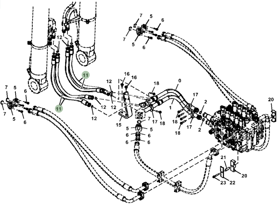 Hitachi ZX470LC-5B installation diagram showing hydraulic hose 4636821 at Pipe No. 11