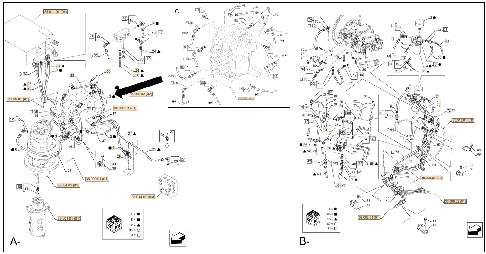 Case CX130C installation diagram showing hydraulic hose KHJ17580 at Pipe No. 24