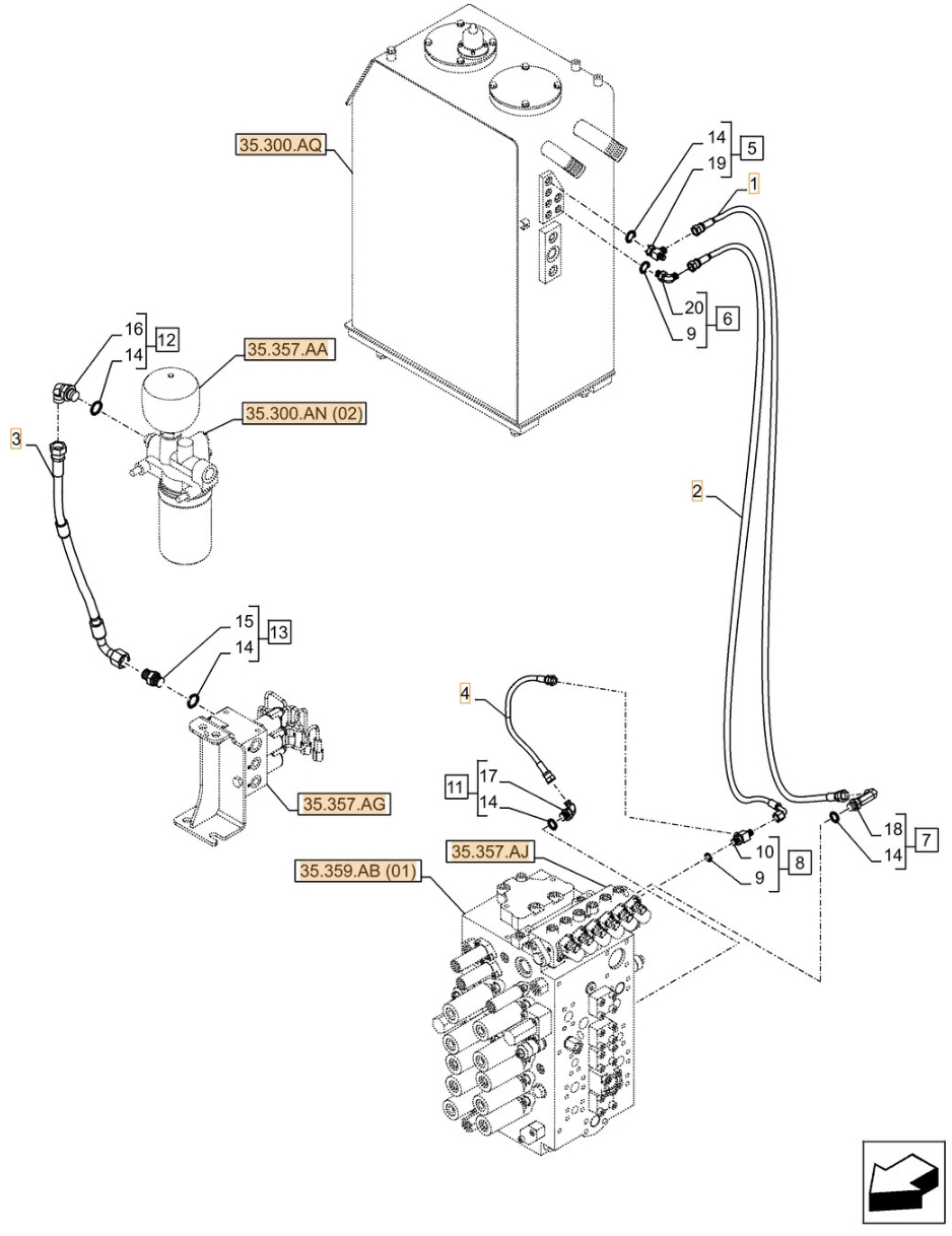 Case CX300D LC installation diagram showing hydraulic hose KHJ2036 at Pipe No. 2
