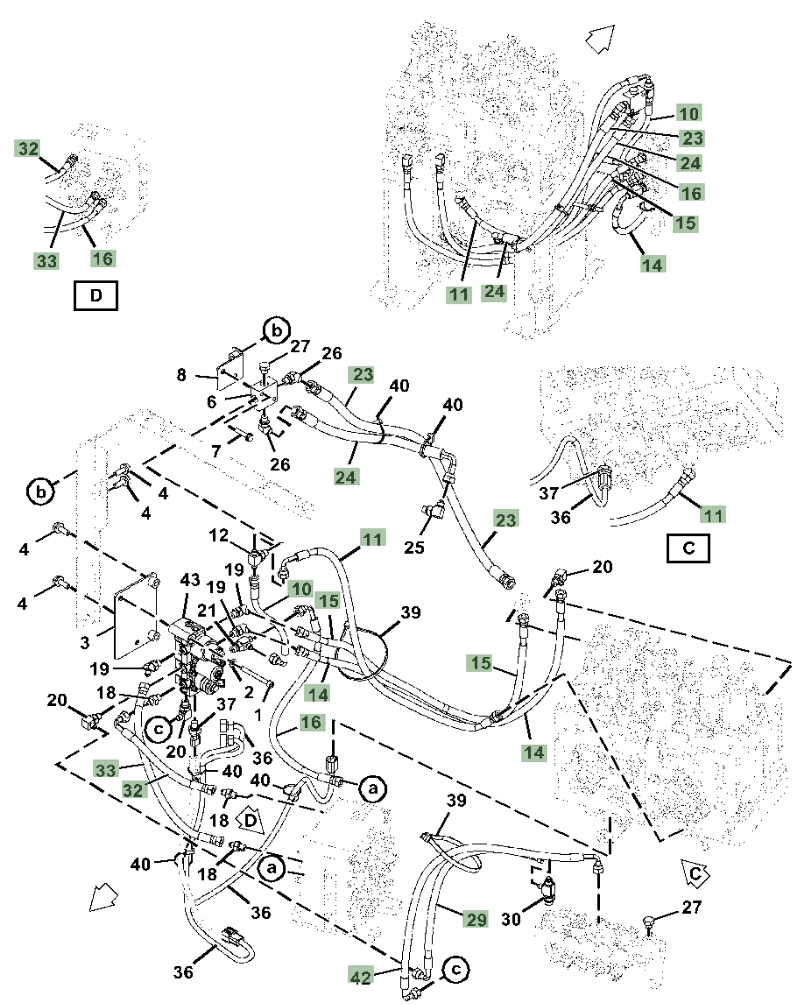 Hitachi ZX135US-5N installation diagram showing hydraulic hose 4213401 at Pipe No. 24