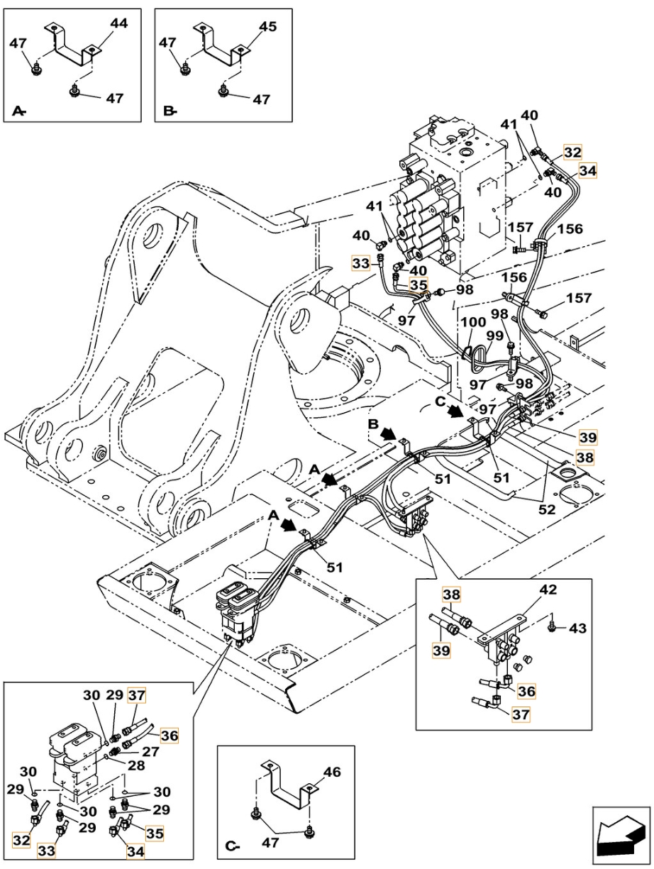 Case CX210C installation diagram showing hydraulic hose KHJ2581 at Pipe No. 32
