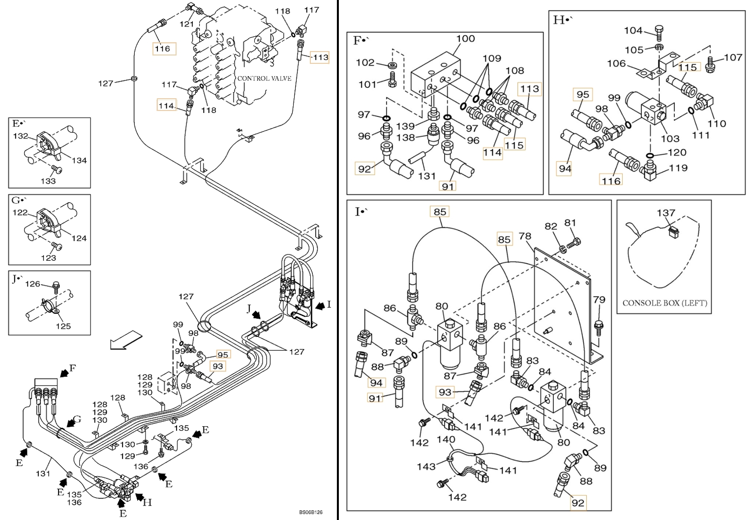 Case CX700 installation diagram showing hydraulic hose KAJ3243 at Pipe No. 94