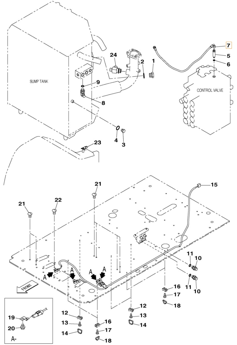 Case CX210C NLC installation diagram showing hydraulic hose KHJ2249 at Pipe No. 7