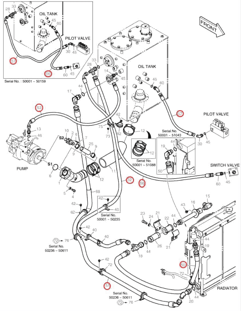 Doosan DX80R installation diagram showing hydraulic hose DS2054292 at Pipe No. 51