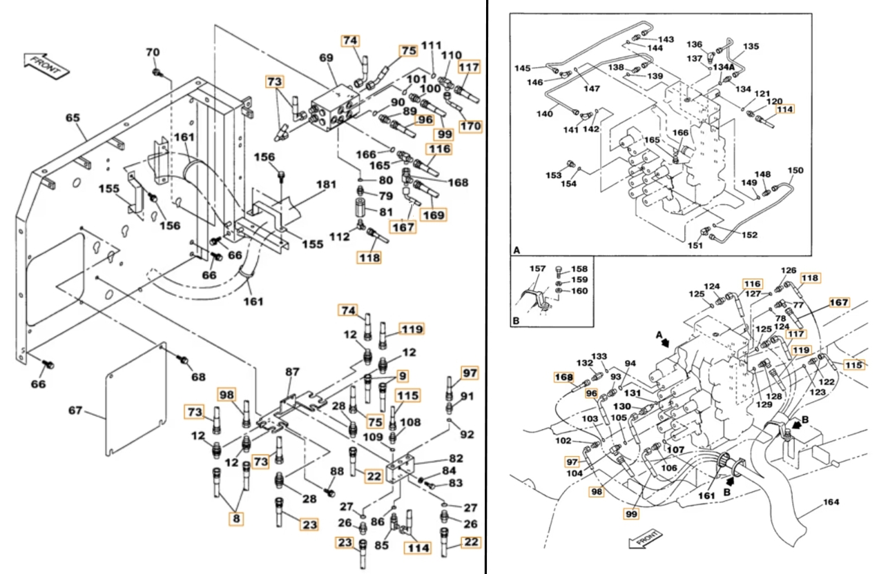 Case CX230 installation diagram showing hydraulic hose 162565A1 at Pipe No. 96