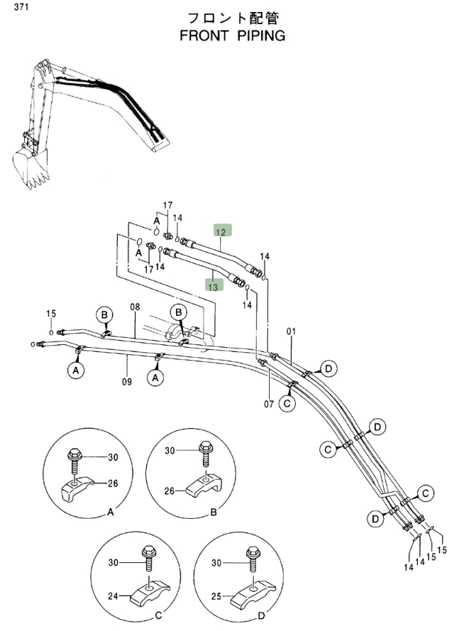 Hitachi EX120-5 installation diagram showing hydraulic hose 4260127 at Pipe No. 12
