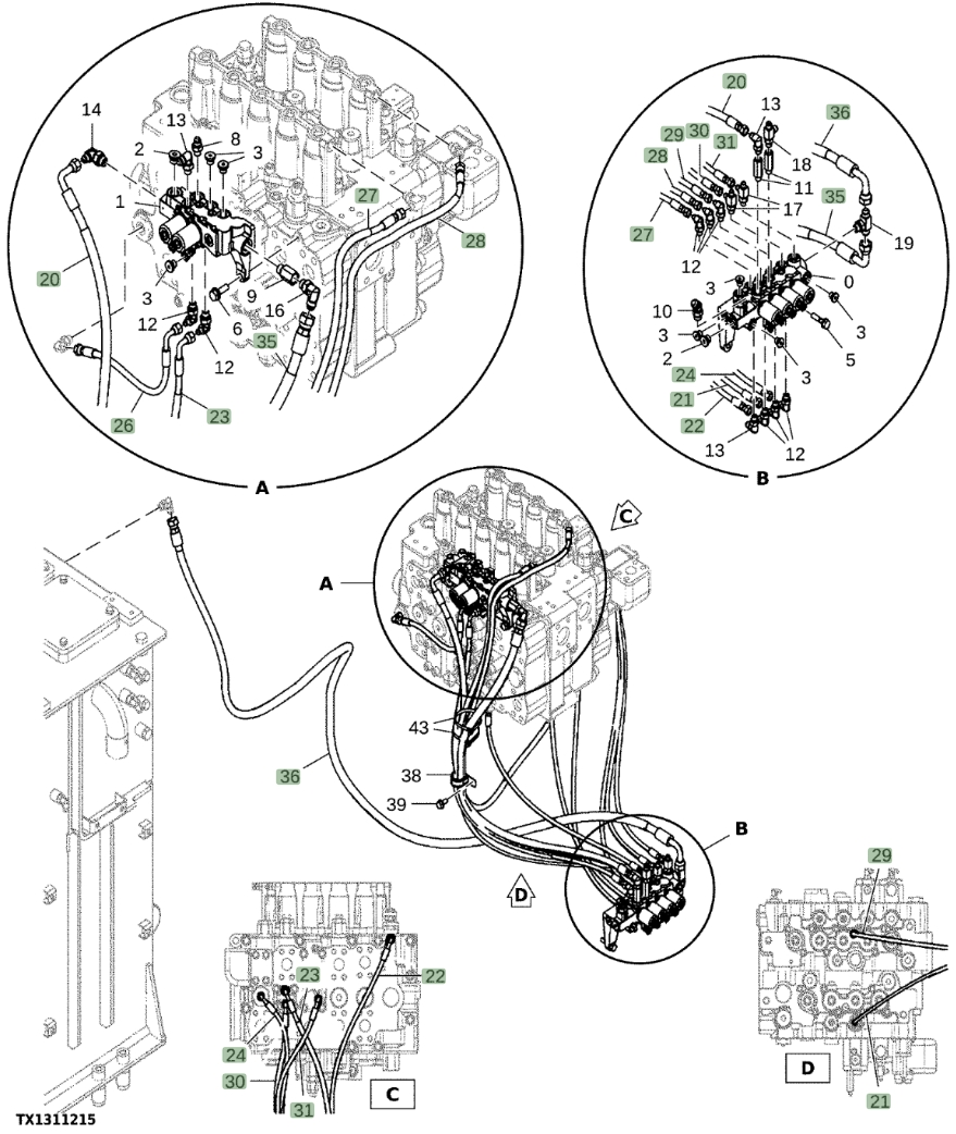 Hitachi EX1200-7 installation diagram showing hydraulic hose 4455438 at Pipe No. 22