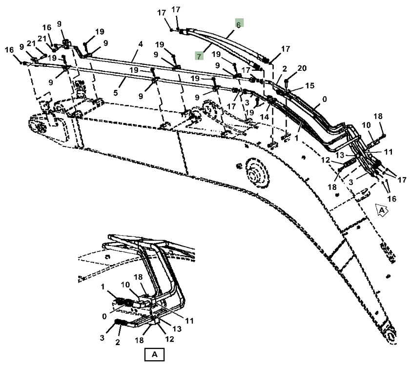 Hitachi ZX135US-6N installation diagram showing hydraulic hose 4658964 at Pipe No. 7