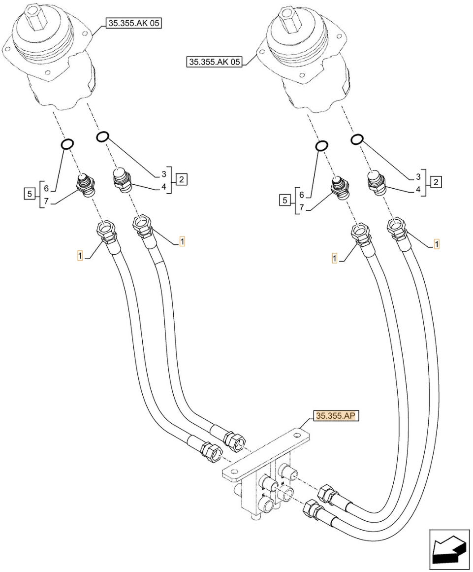 Case CX490D LC installation diagram showing hydraulic hose 159213A1 at Pipe No. 1