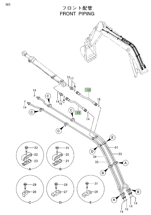 Hitachi EX200LC-5 installation diagram showing hydraulic hose 4249334 at Pipe No. 13