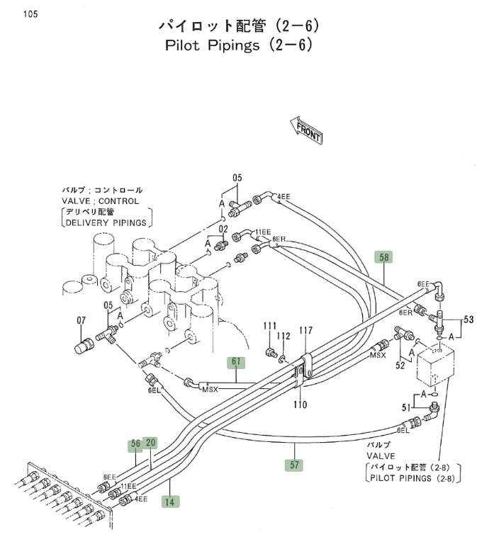 Hitachi EX700 installation diagram showing hydraulic hose 4258693 at Pipe No. 61