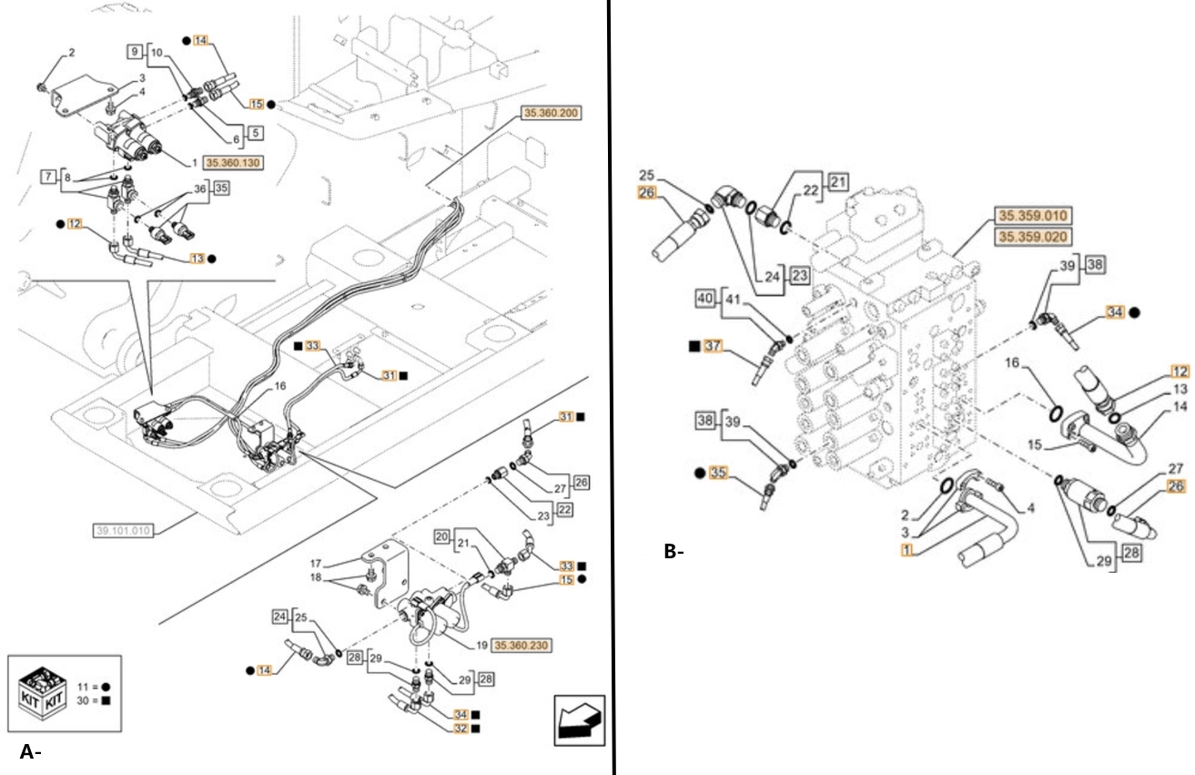 Case CX380D LC installation diagram showing hydraulic hose KHJ2194 at Pipe No. A15