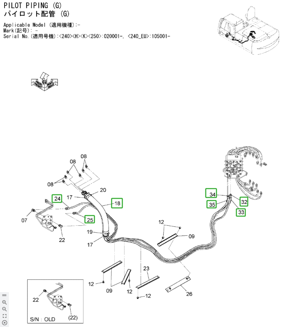 Hitachi ZX240LC-3 installation diagram showing hydraulic hose 4647399 at Pipe No. 32