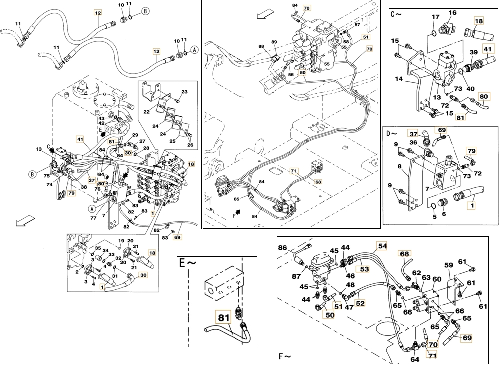 Case CX160B installation diagram showing hydraulic hose KHJ2086 at Pipe No. 71