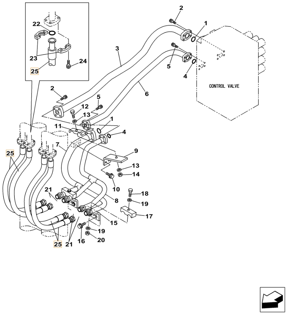 Case CX500C installation diagram showing hydraulic hose KTJ13470 at Pipe No. 25
