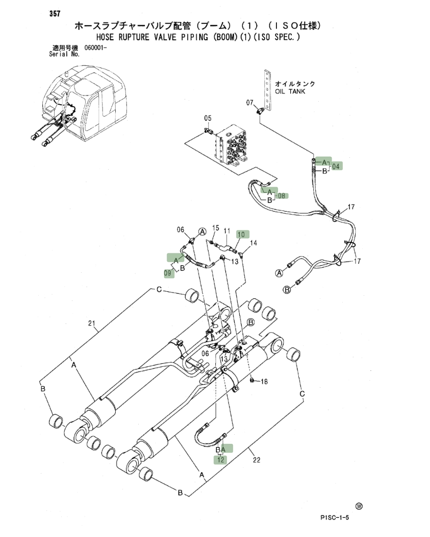 Hitachi ZX135US installation diagram showing hydraulic hose 4436269 at Pipe No. 9A