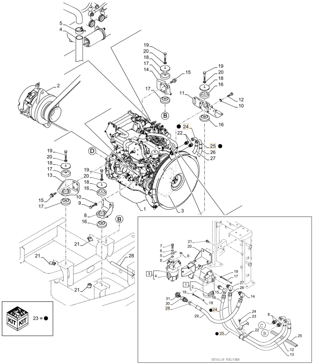 Case CX210D LC LR installation diagram showing hydraulic hose KRH10330 at Pipe No. 24