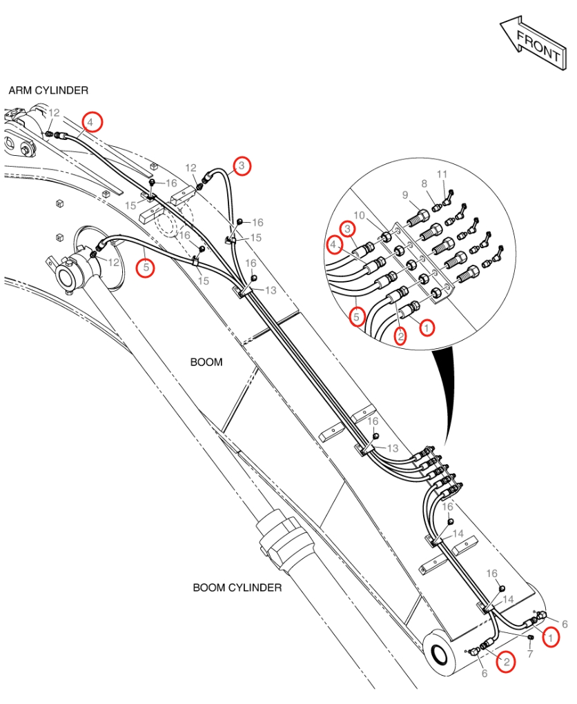 Doosan DX140W-5 installation diagram showing hydraulic hose DS2053796 at Pipe No. 2