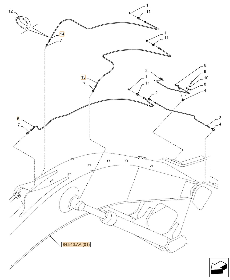 Case CX370D NLC installation diagram showing hydraulic hose KHJ2174 at Pipe No. 14
