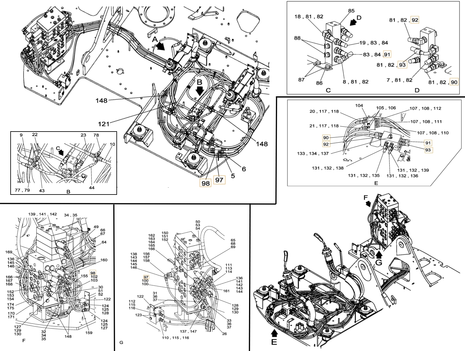 Case CX135SR installation diagram showing hydraulic hose KHJ2438 at Pipe No. 92