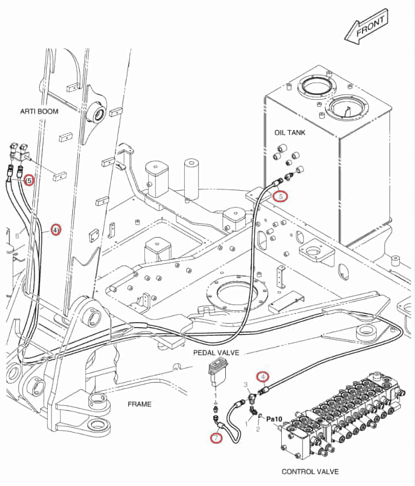 Doosan DX80R installation diagram showing hydraulic hose DS2094354 at Pipe No. 5