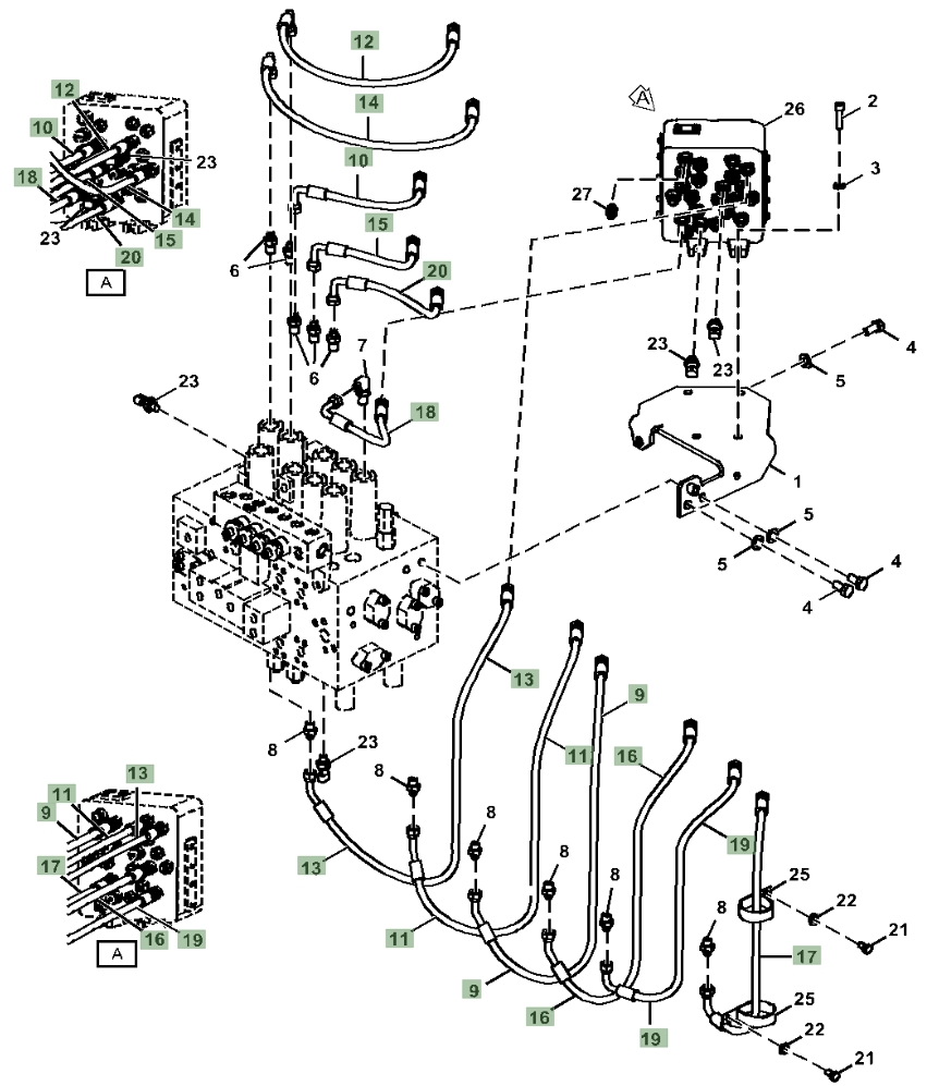 Hitachi ZX350LC-5N installation diagram showing hydraulic hose 4630937 at Pipe No. 19