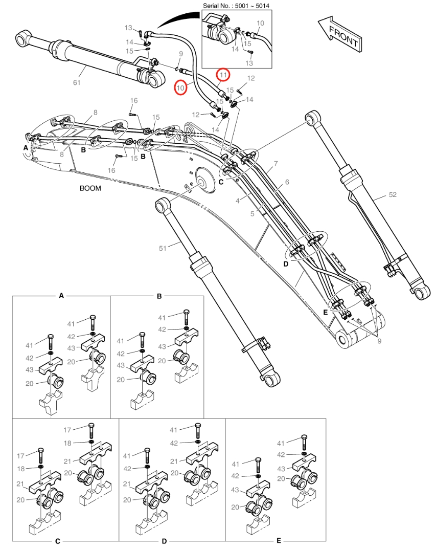 Doosan DX140W installation diagram showing hydraulic hose DS2016061 at Pipe No. 11
