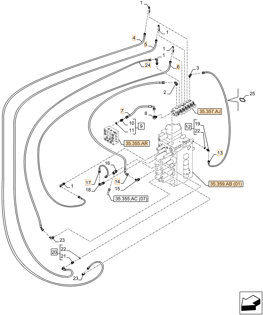 Case CX250D NLC installation diagram showing hydraulic hose KHJ2394 at Pipe No. 6