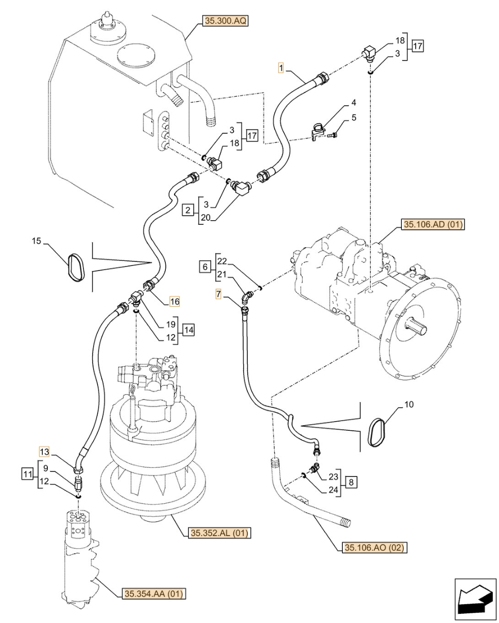 Case CX370D NLC installation diagram showing hydraulic hose KEJ0396 at Pipe No. 16