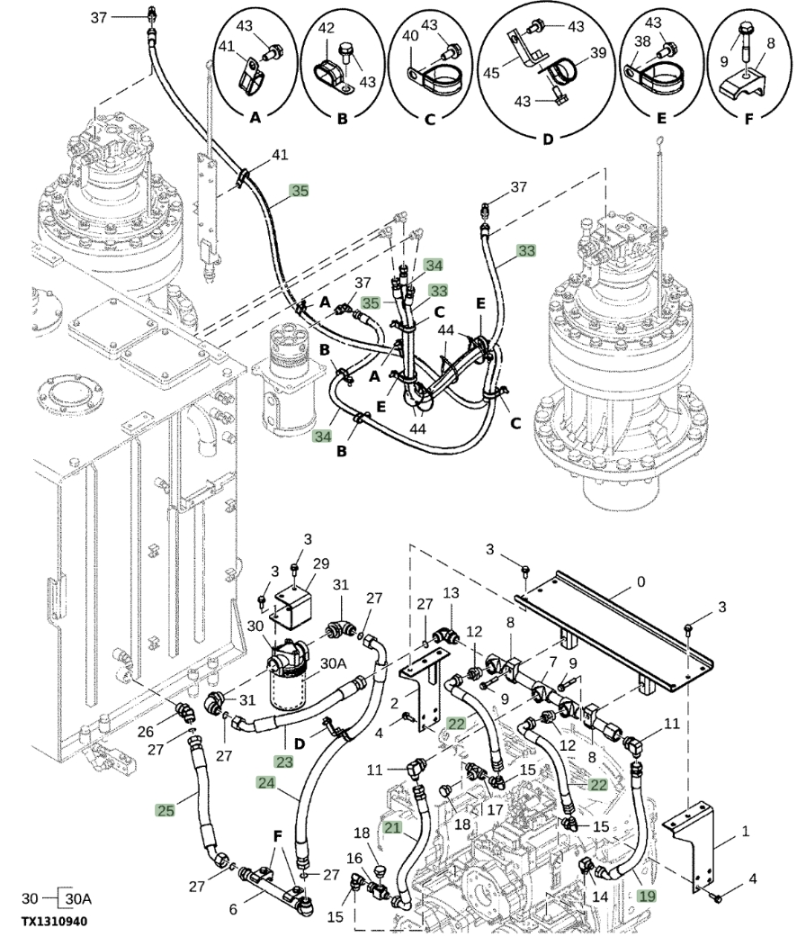 Hitachi EX1200-7 installation diagram showing hydraulic hose 4252860 at Pipe No. 33