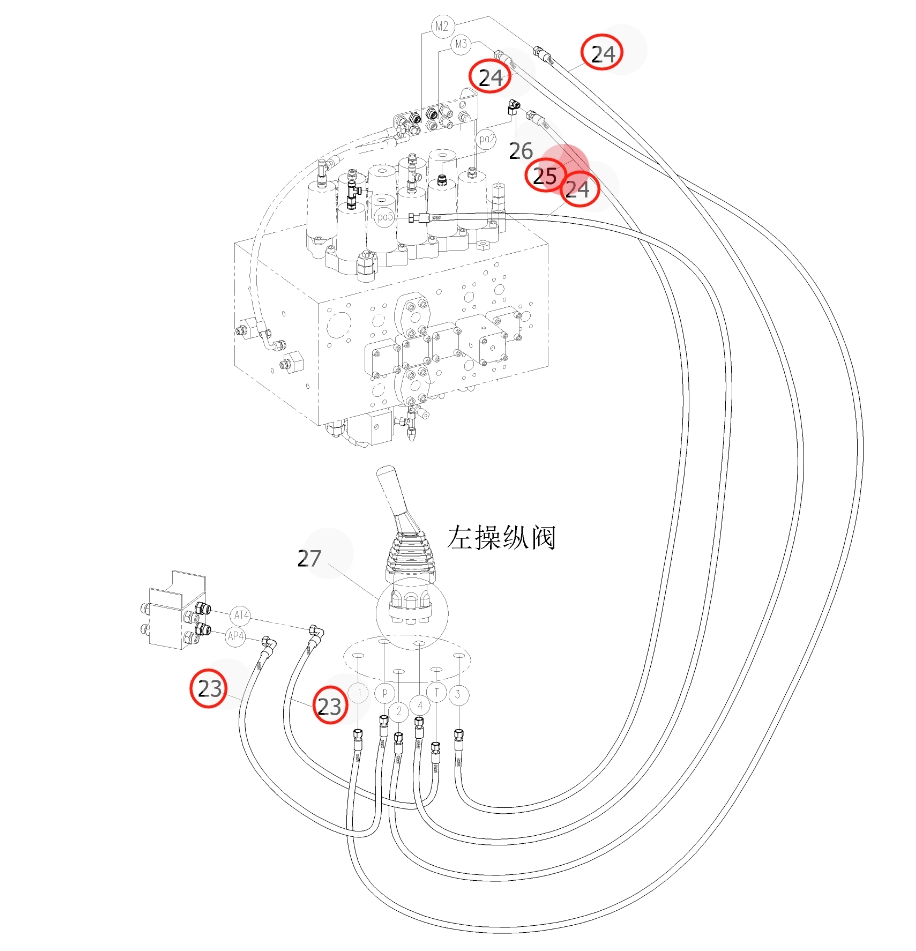 Sunward SWE365-3H installation diagram showing hydraulic hose 730502001388 at Pipe No. 23