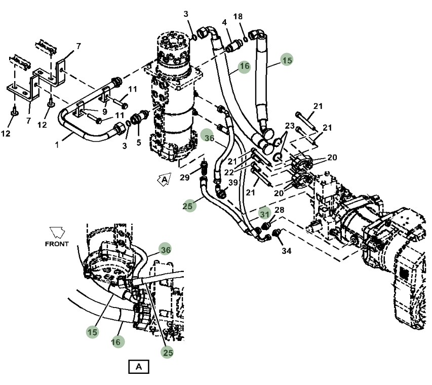 Hitachi ZX190W-5N installation diagram showing hydraulic hose 4657309 at Pipe No. 36