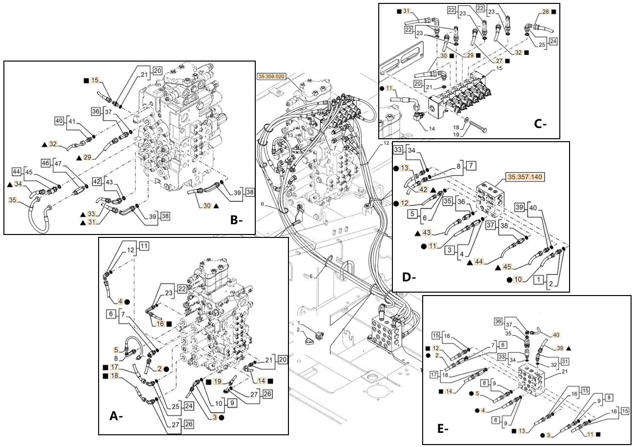 Case CX300E LC installation diagram showing hydraulic hose KHJ2047 at Pipe No. A19-C32