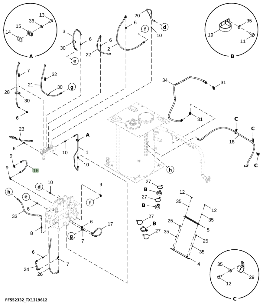 Hitachi ZX300LC-6N installation diagram showing hydraulic hose 4656809 at Pipe No. 16