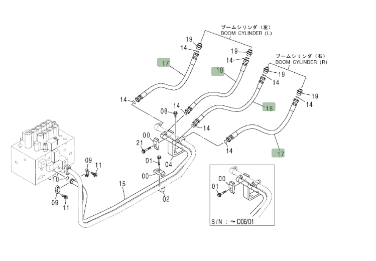 Hitachi ZX200LC installation diagram showing hydraulic hose 4249339 at Pipe No. 17