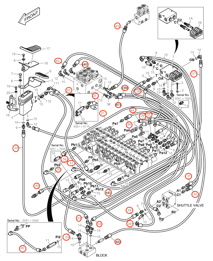 Doosan DX55W installation diagram showing hydraulic hose DS2093340 at Pipe No. 21
