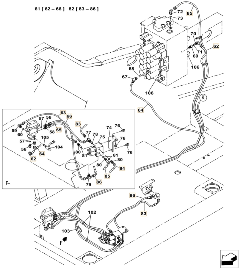 Case CX240C installation diagram showing hydraulic hose KHJ2036 at Pipe No. 83