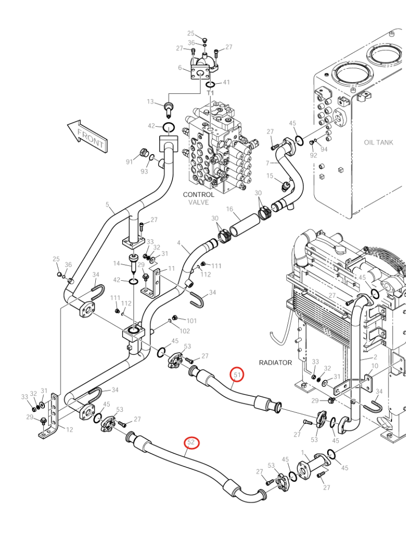 Doosan DX150LC installation diagram showing hydraulic hose DS2038221 at Pipe No. 51