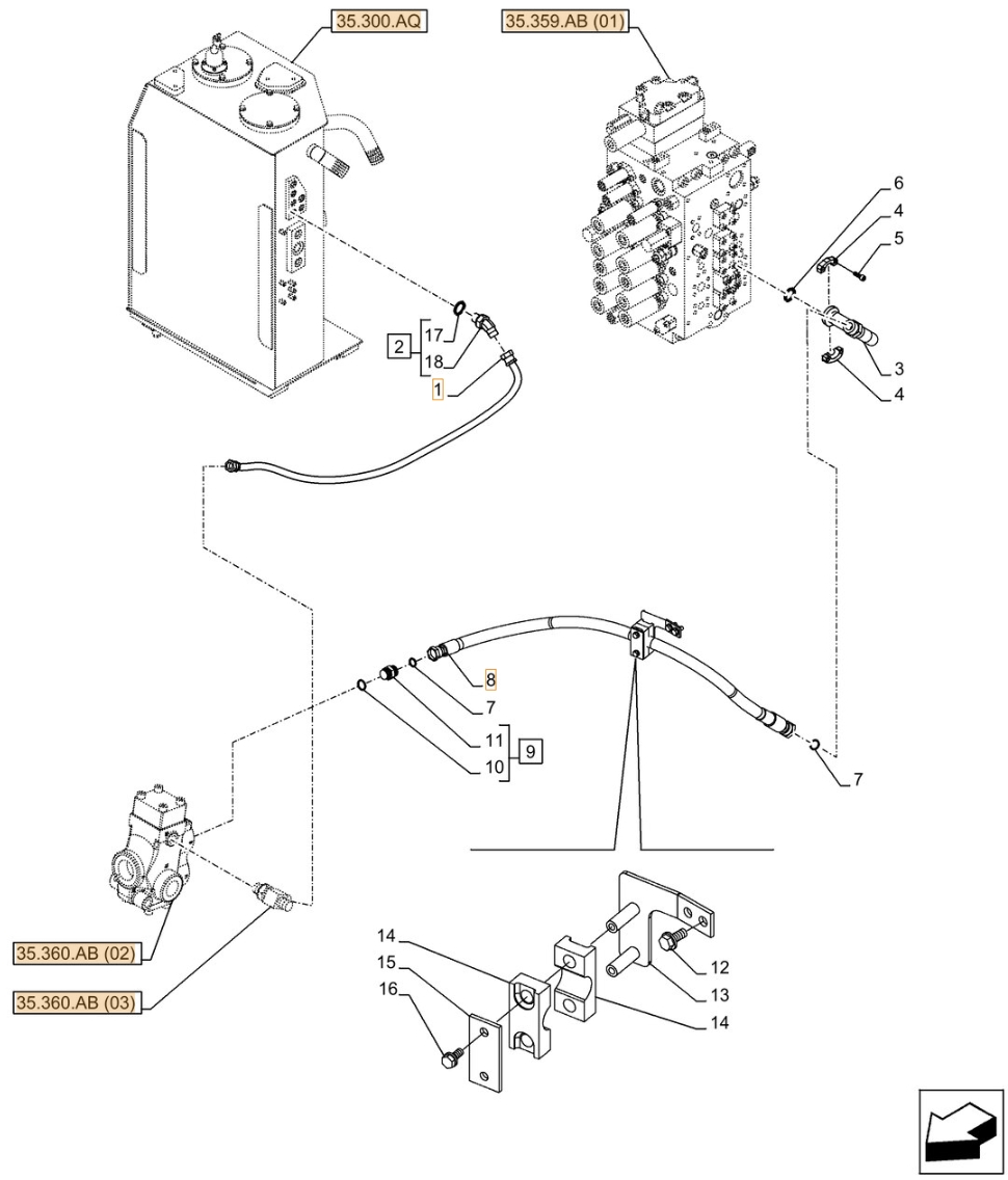 Case CX300D LC installation diagram showing hydraulic hose KHJ2050 at Pipe No. 1