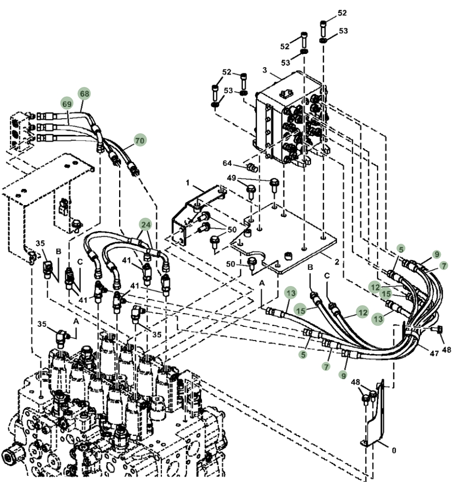Hitachi ZX470LC-5G installation diagram showing hydraulic hose 4713482 at Pipe No. 9