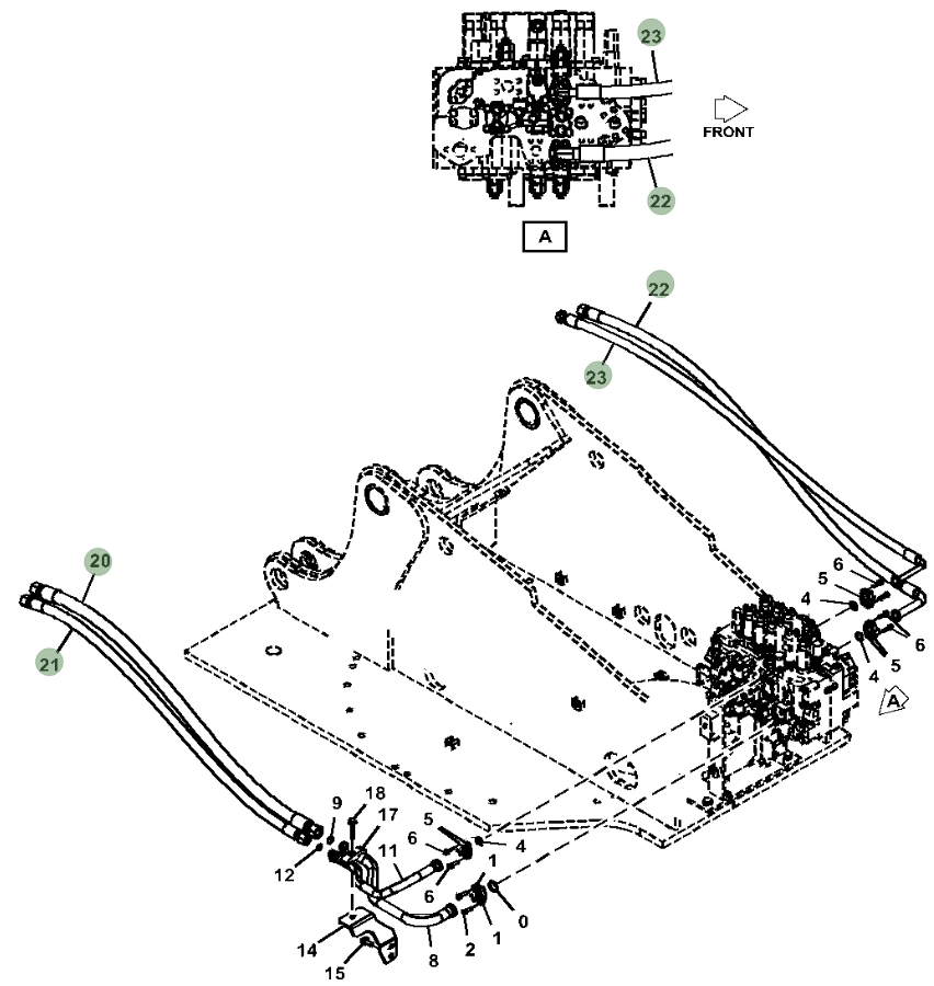 Hitachi ZX230W-5N installation diagram showing hydraulic hose 4286816 at Pipe No. 20