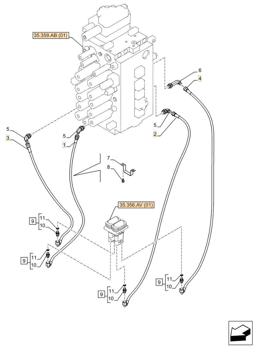 Case CX370D LC installation diagram showing hydraulic hose KHJ18020 at Pipe No. 2