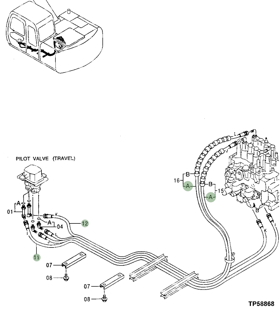 Hitachi EX110-5 installation diagram showing hydraulic hose 4360873 at Pipe No. 16A