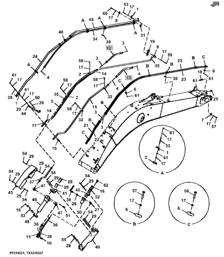 Hitachi ZX210FLC-FE-6N installation diagram showing hydraulic hose 4676587 at Pipe No. 13
