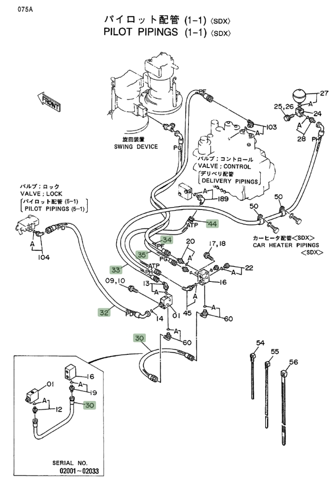 Hitachi EX400LC installation diagram showing hydraulic hose 4218085 at Pipe No. 30