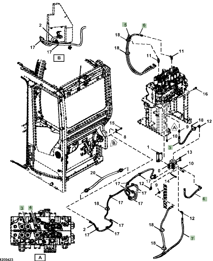 Hitachi ZX245USLC-6N installation diagram showing hydraulic hose 4701770 at Pipe No. 7