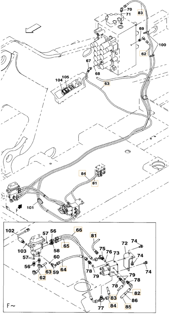 Case CX240B installation diagram showing hydraulic hose KHJ2047 at Pipe No. 81
