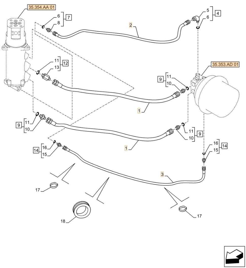 Case CX490D LC installation diagram showing hydraulic hose KBA1163 at Pipe No. 2